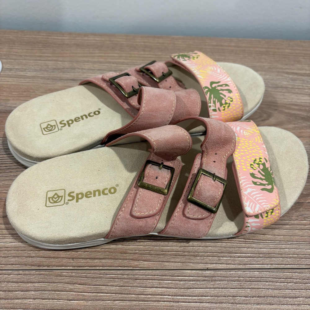 Spenco Orchid Slide Sandals Womens Pink size 7 Tropical Leather Buckle Straps